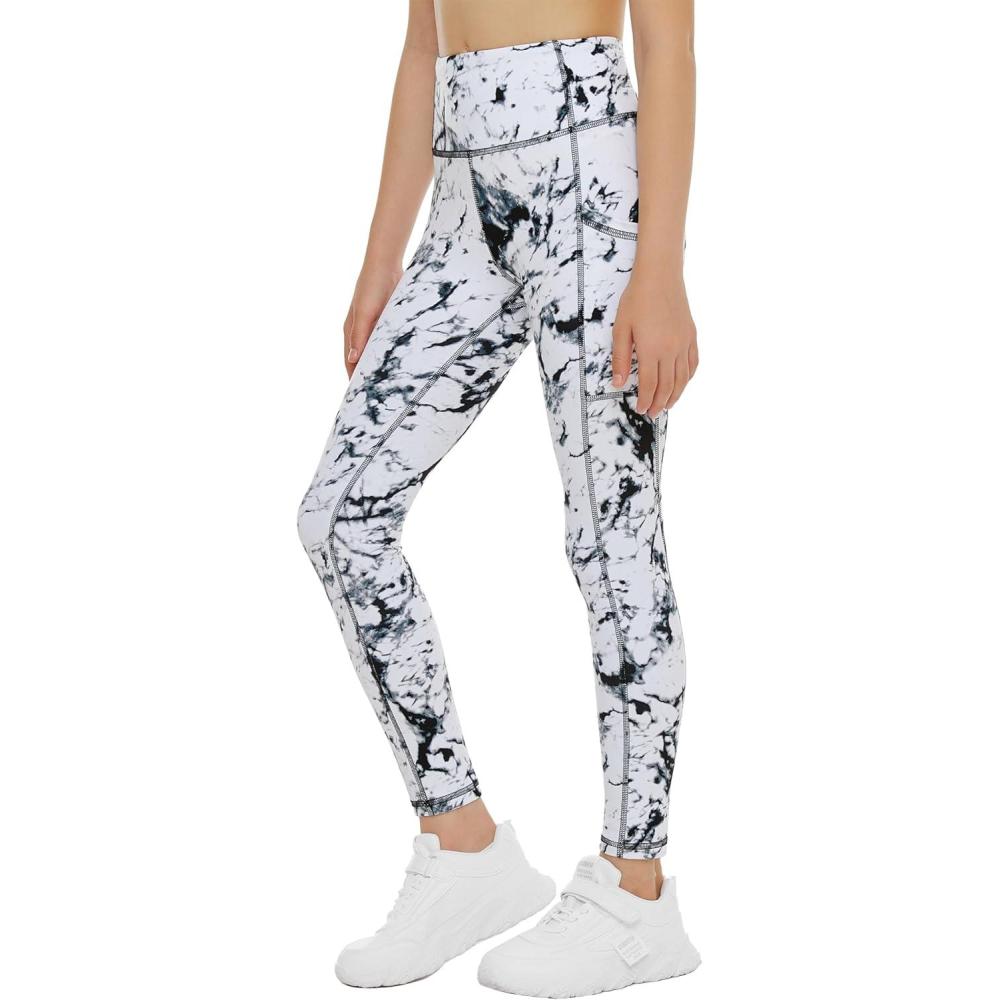 imageTHE GYM PEOPLE Girls Workout Leggings Kids High Waist Stretch Athletic Dance Yoga Pants with PocketsMarble