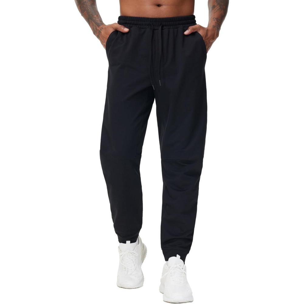 imageTHE GYM PEOPLE Mens Drawstring Workout Joggers Pants Lightweight Tapered Running Lounge Sweatpants with PocketsBlack