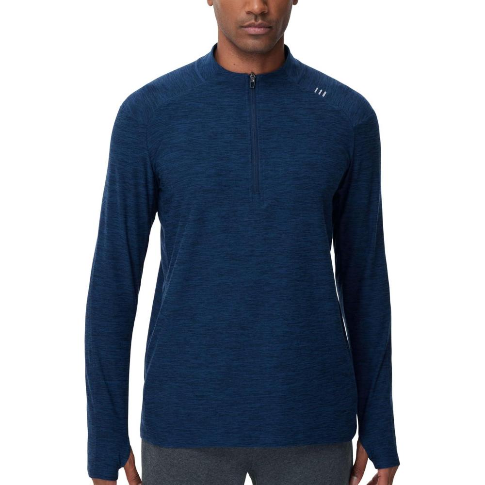 imageTHE GYM PEOPLE Mens HalfZip Long Sleeve Golf Shirts Soft Lightweight Warm Workout Pullover Sweatshirts with Thumb HoleDark Blue Heather
