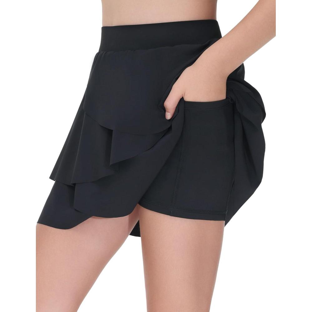 imageTHE GYM PEOPLE Pleated Tennis Skirt for Girls with Pockets Ruffle Athletic Golf Skorts Builtin ShortsBlack