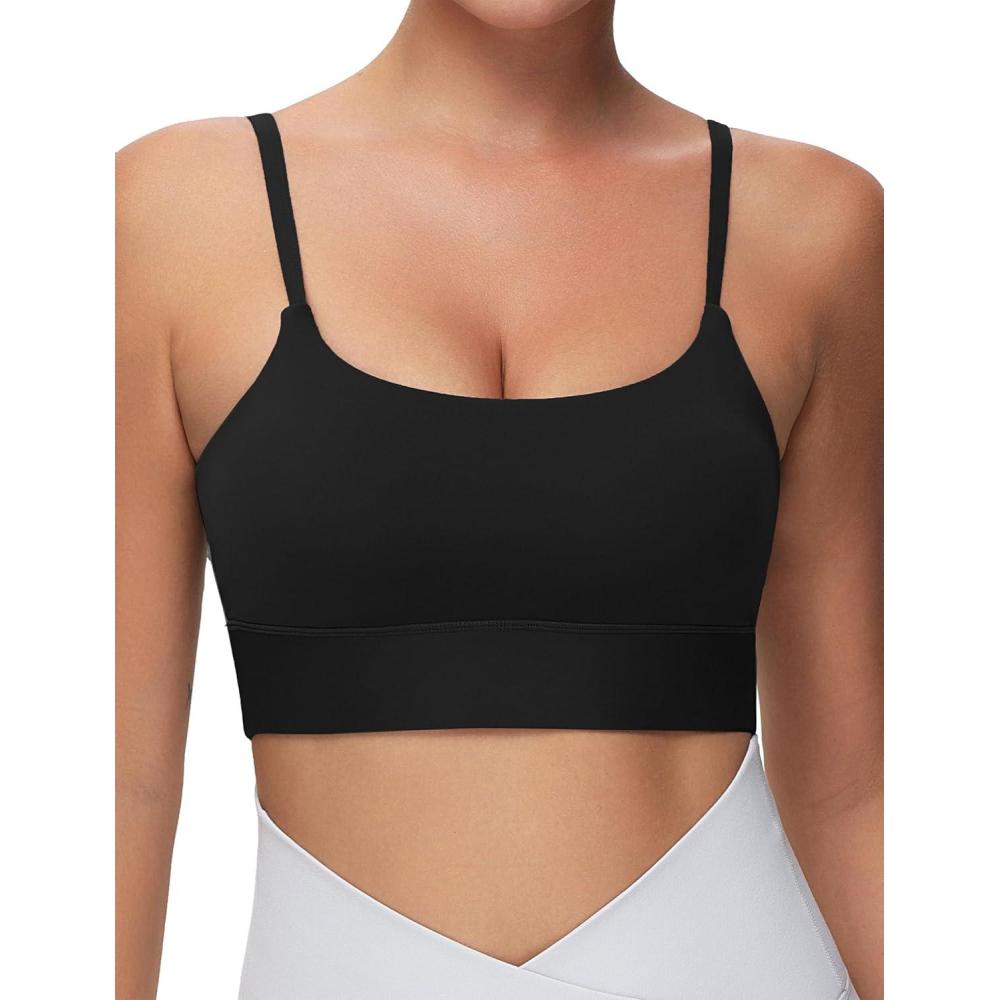 imageTHE GYM PEOPLE Womens Adjustable Longline Sports Bras Scoop Neck Padded Wireless Workout Yoga TopsBlack