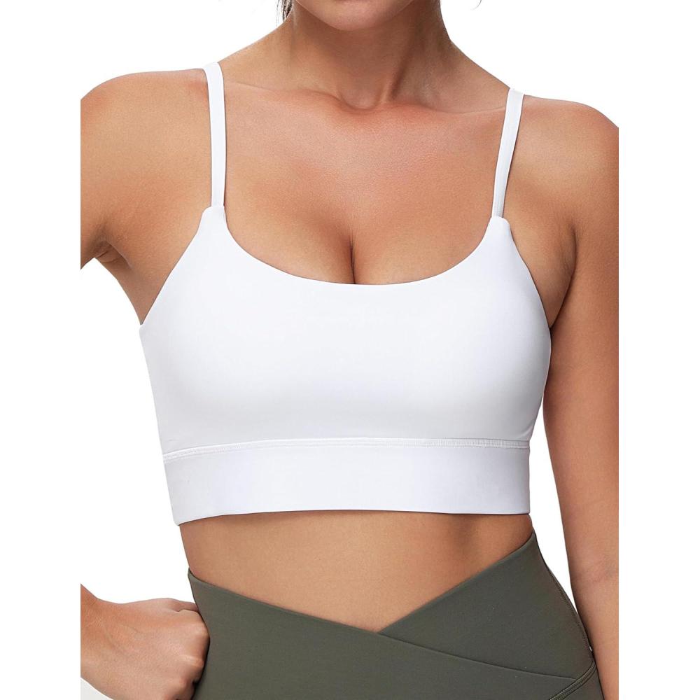 imageTHE GYM PEOPLE Womens Adjustable Longline Sports Bras Scoop Neck Padded Wireless Workout Yoga TopsWhite