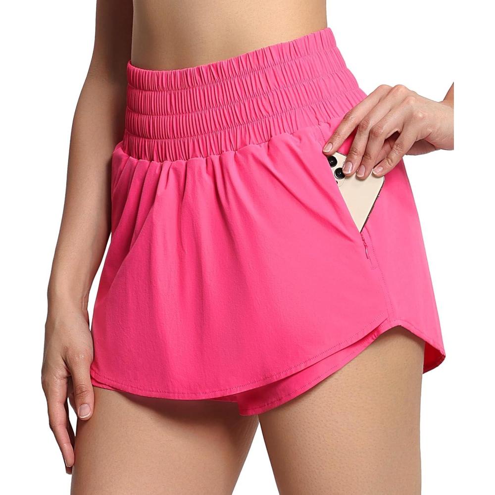 imageTHE GYM PEOPLE Womens Athletic Shorts Elastic Waisted Quick Dry Ruffle Tennis Workout Skorts with Mesh Liner Zip PocketsBright Pink