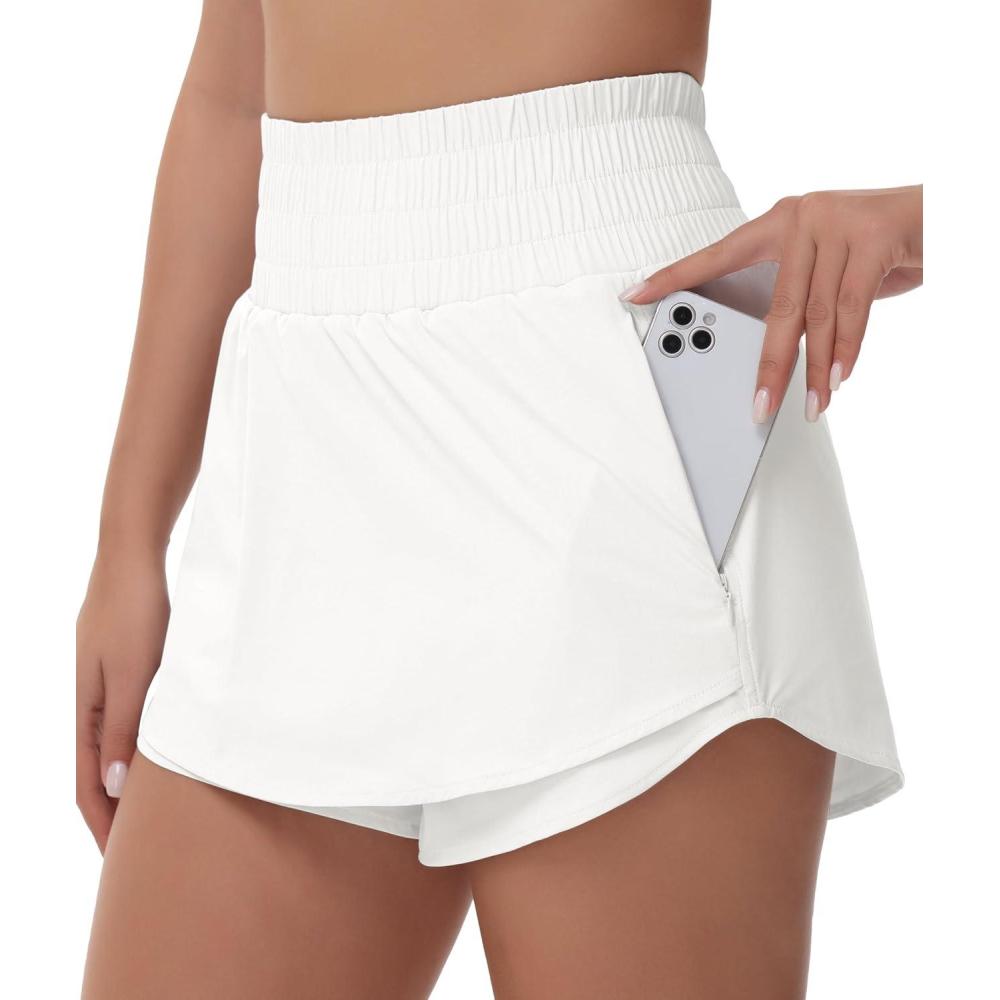 imageTHE GYM PEOPLE Womens Athletic Shorts Elastic Waisted Quick Dry Ruffle Tennis Workout Skorts with Mesh Liner Zip PocketsWhite