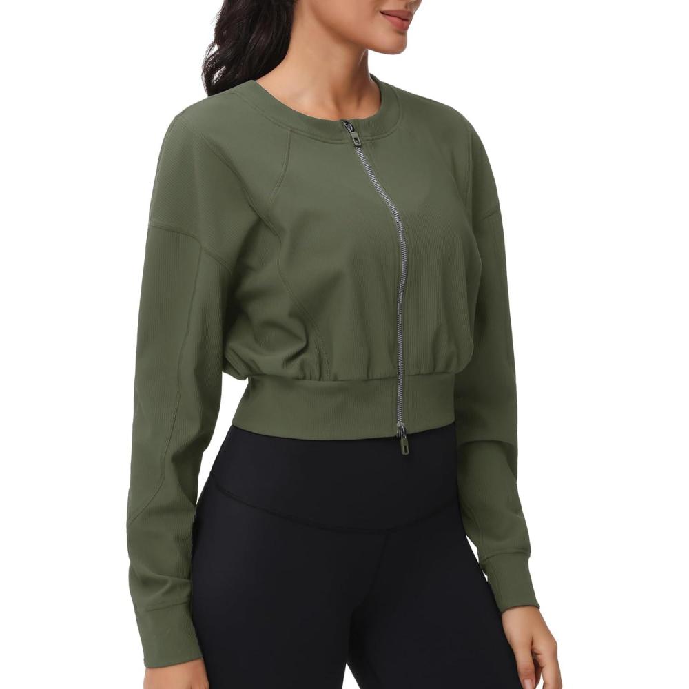 imageTHE GYM PEOPLE Womens Cropped Jackets Full Zip Long Sleeve Ribbed Workout Sweatshirts Lightweight Casual TopsGraphite Green
