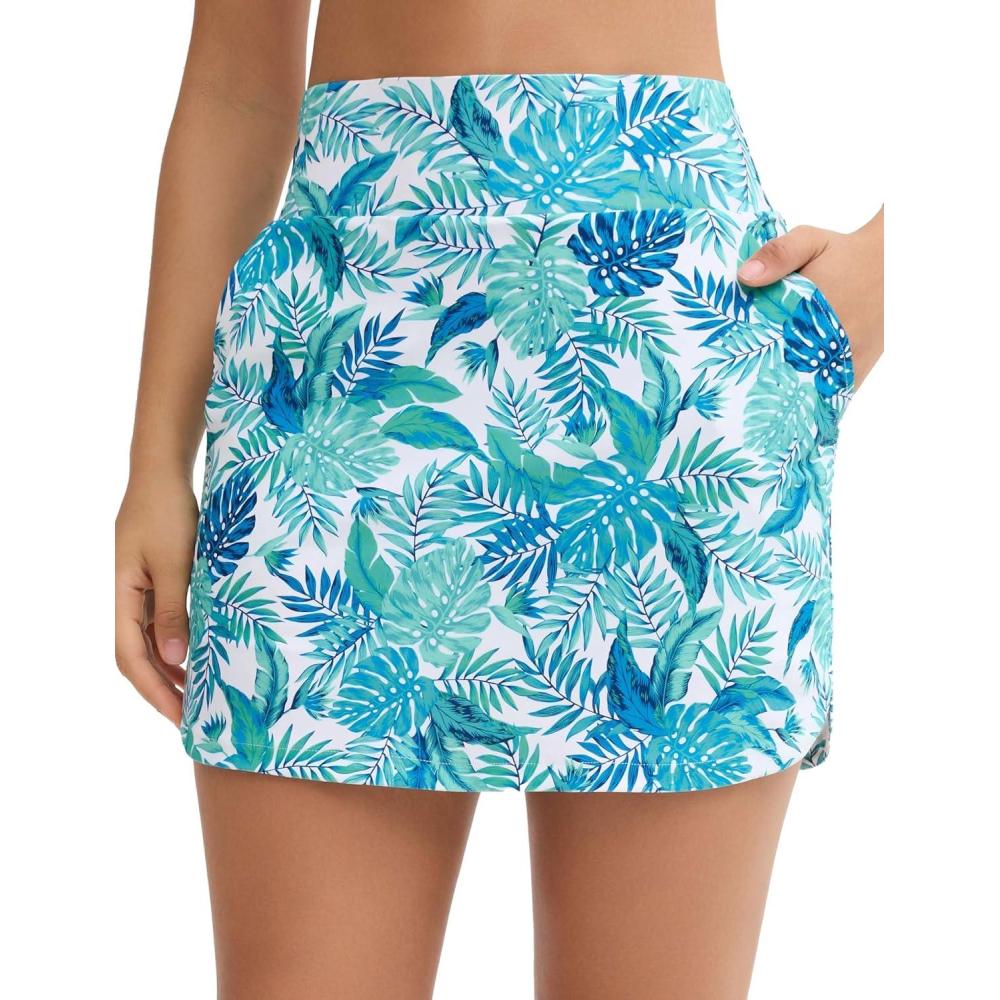 imageTHE GYM PEOPLE Womens Golf Skort Tennis High Waist Lightweight Athletic Casual Skirts Builtin Shorts with 4 PocketsBlue Leaf