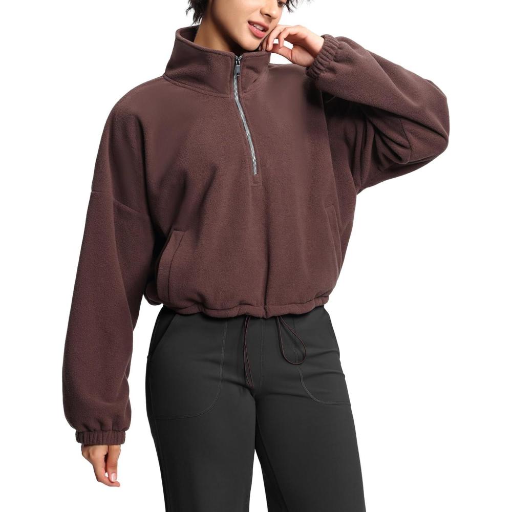 imageTHE GYM PEOPLE Womens Half Zip Crop Pullover Sweatshirt Fleece Stand Collar Workout Tops with Pockets Drawstring HemBrown