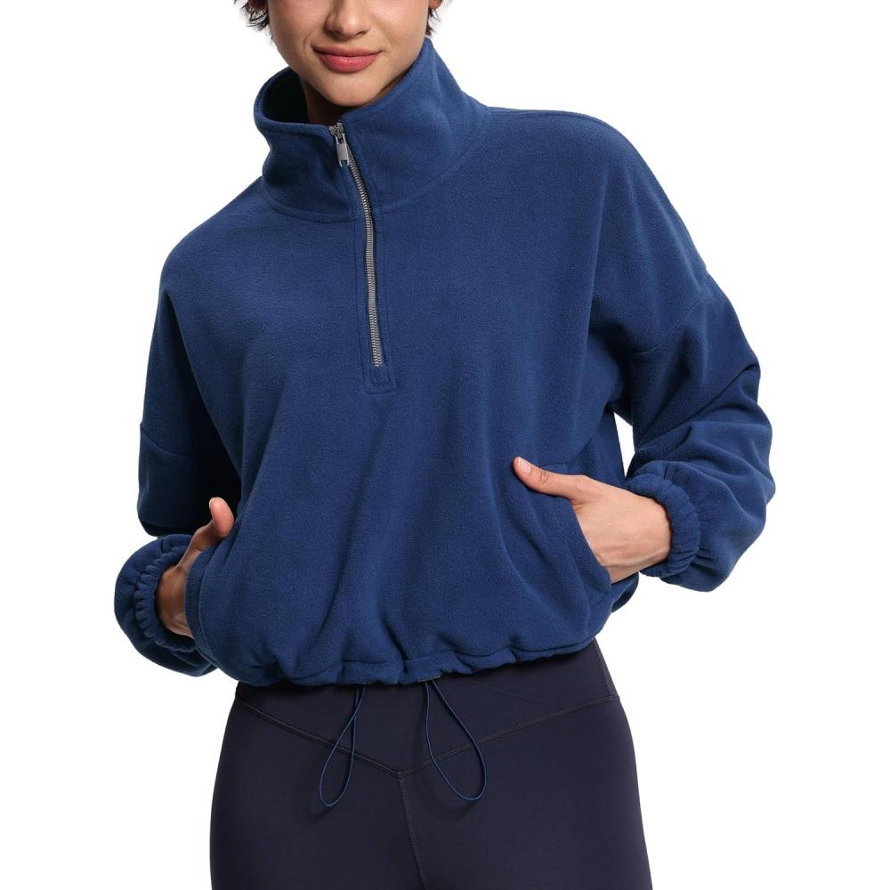 imageTHE GYM PEOPLE Womens Half Zip Crop Pullover Sweatshirt Fleece Stand Collar Workout Tops with Pockets Drawstring HemNavy Blue