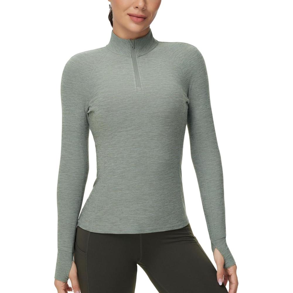 imageTHE GYM PEOPLE Womens Half Zip Golf Workout Shirts Long Sleeve Soft Warm Yoga Athletic Pullover Sweatshirts with Thumb HoleGrey Green Heather