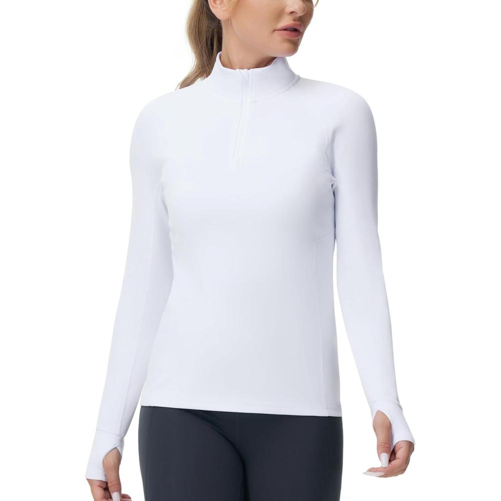 imageTHE GYM PEOPLE Womens Half Zip Golf Workout Shirts Long Sleeve Soft Warm Yoga Athletic Pullover Sweatshirts with Thumb HoleWhite
