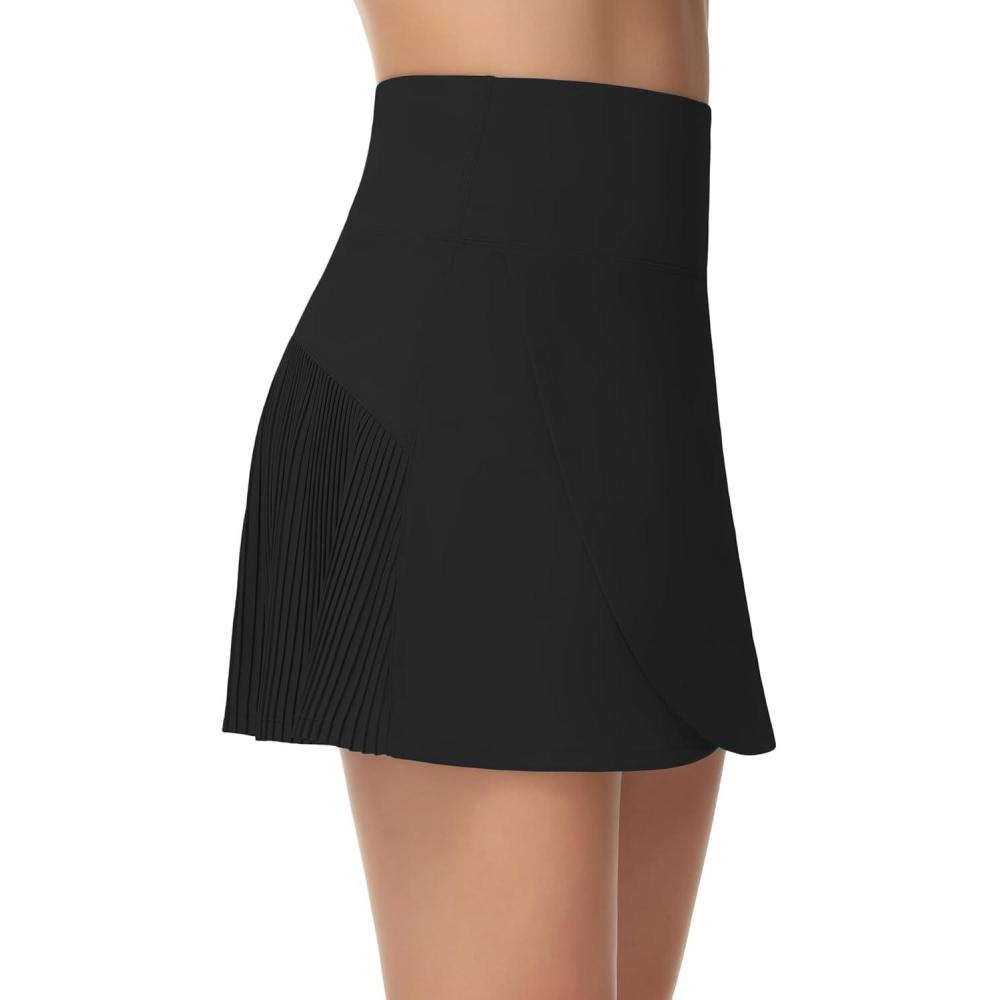 imageTHE GYM PEOPLE Womens High Waisted Tennis Skirts Crossover Hemline Back Pleated Golf Skorts with Inner ShortsBlack