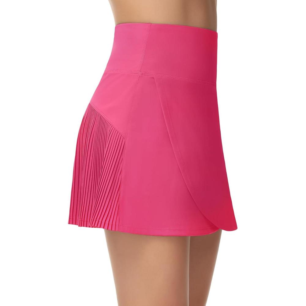 imageTHE GYM PEOPLE Womens High Waisted Tennis Skirts Crossover Hemline Back Pleated Golf Skorts with Inner ShortsBright Pink