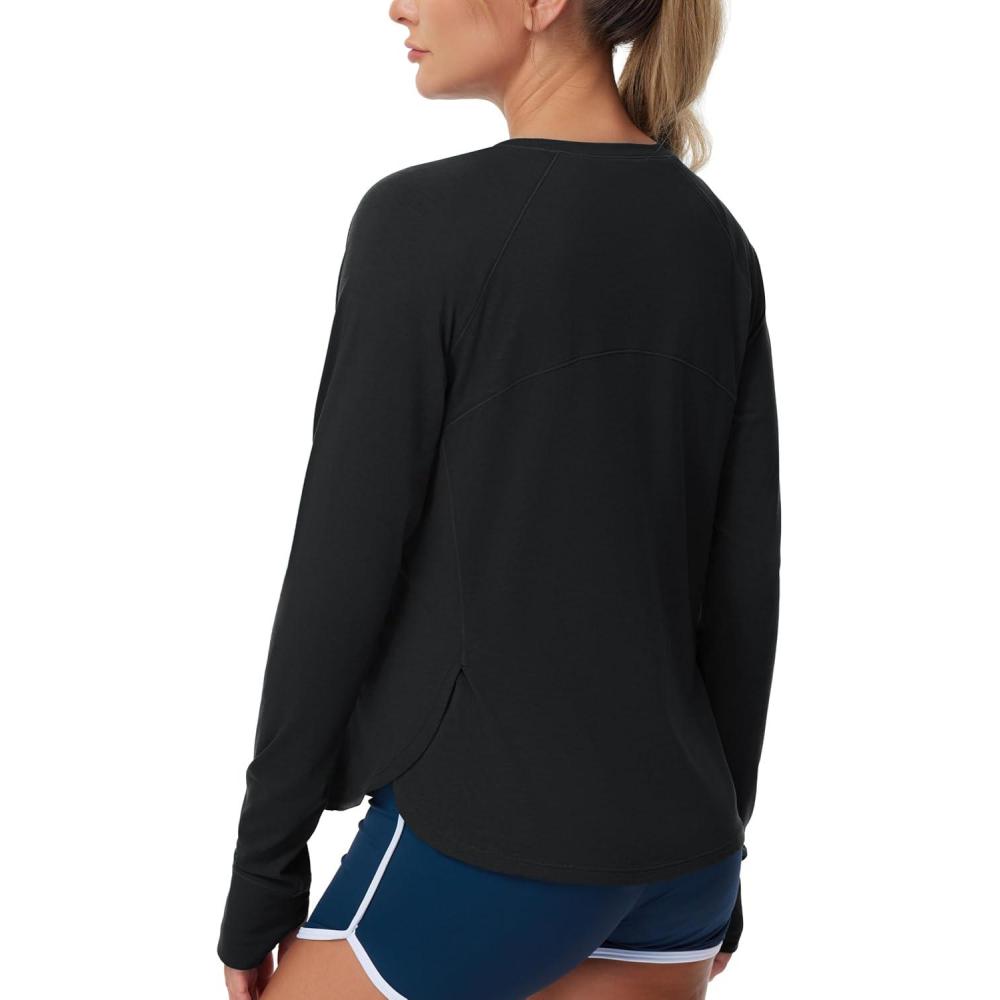 imageTHE GYM PEOPLE Womens Long Sleeve Workout Shirts Side Slits Athletic Yoga Tee Tops with Thumb HoleBlack