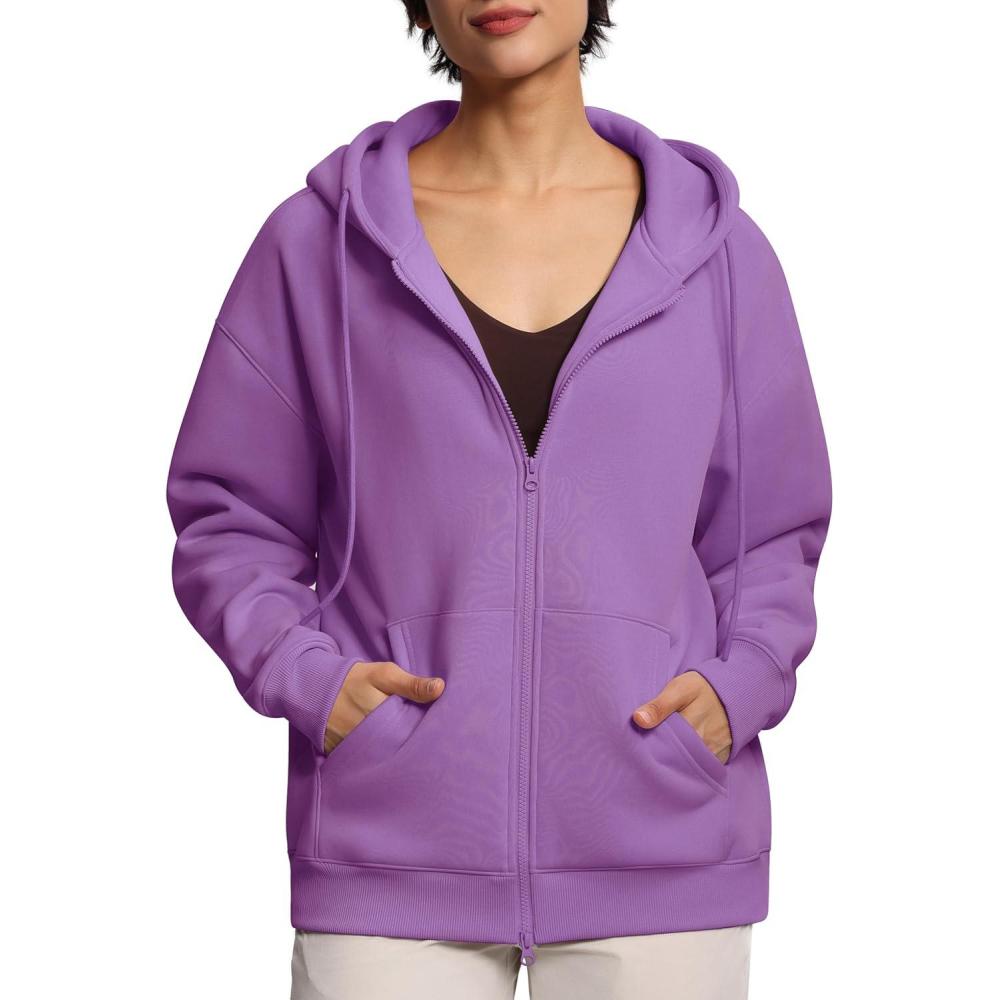 imageTHE GYM PEOPLE Womens Oversized Fleece Hoodies FullZip Workout Lounge Hooded Coats Fall Tops with Pockets DrawstringLavender Purple