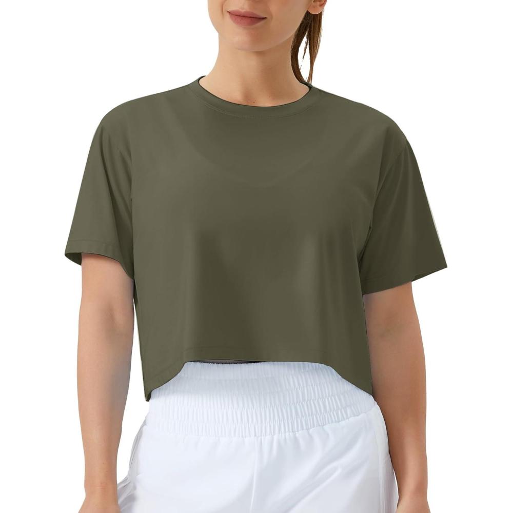 imageTHE GYM PEOPLE Womens Workout Crop Top TShirt Short Sleeve Boxy Yoga Running Cropped Basic TeeArmy Green