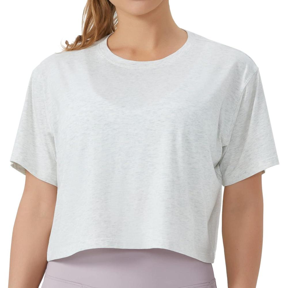 imageTHE GYM PEOPLE Womens Workout Crop Top TShirt Short Sleeve Boxy Yoga Running Cropped Basic TeeHeather White