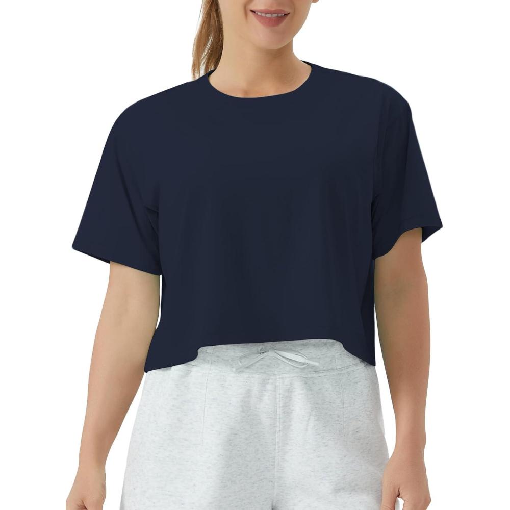 imageTHE GYM PEOPLE Womens Workout Crop Top TShirt Short Sleeve Boxy Yoga Running Cropped Basic TeeNavy Blue