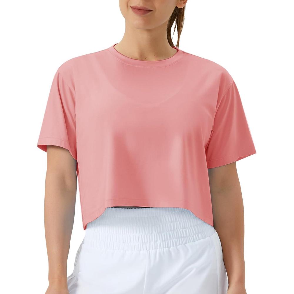 imageTHE GYM PEOPLE Womens Workout Crop Top TShirt Short Sleeve Boxy Yoga Running Cropped Basic TeeRose Red