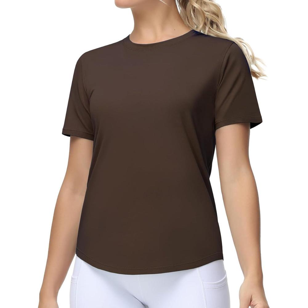 imageTHE GYM PEOPLE Womens Workout Short Sleeve Breathable TShirts Athletic Yoga Tee TopsBrown