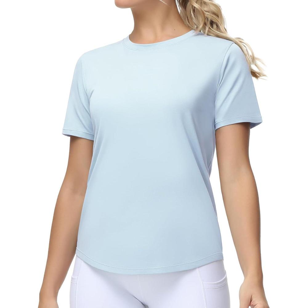imageTHE GYM PEOPLE Womens Workout Short Sleeve Breathable TShirts Athletic Yoga Tee TopsLight Blue