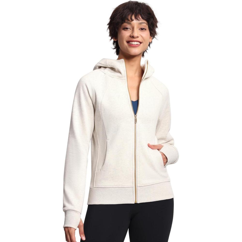 imageTHE GYM PEOPLE Womens Zip Up Hoodies Fleece Workout Jackets Sweatshirts with Pockets Thumb HoleHeather White