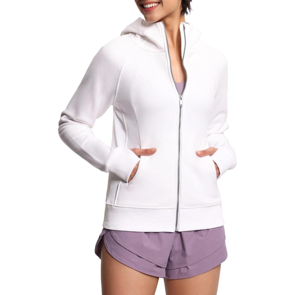 imageTHE GYM PEOPLE Womens Zip Up Hoodies Fleece Workout Jackets Sweatshirts with Pockets Thumb HoleWhite