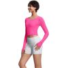 imageTHE GYM PEOPLE Womens Long Sleeve Crop Tops Ribbed Ice Silk Slim Workout Shirts with Thumb HoleBright Pink