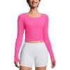 imageTHE GYM PEOPLE Womens Long Sleeve Crop Tops Ribbed Ice Silk Slim Workout Shirts with Thumb HoleBright Pink