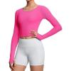 imageTHE GYM PEOPLE Womens Long Sleeve Crop Tops Ribbed Ice Silk Slim Workout Shirts with Thumb HoleBright Pink