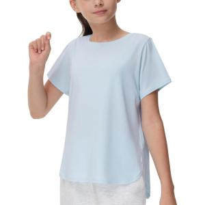 imageTHE GYM PEOPLE Girls Athletic Shirts Short Sleeve Workout Tops Kids Basic Tees with Side SlitsLight Blue