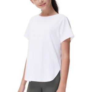imageTHE GYM PEOPLE Girls Athletic Shirts Short Sleeve Workout Tops Kids Basic Tees with Side SlitsWhite