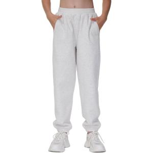 imageTHE GYM PEOPLE Girls Fleece Tapered Workout Sweatpants Warm Soft Athletic Joggers Pants with PocketsHeather White