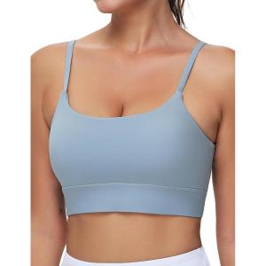 imageTHE GYM PEOPLE Womens Adjustable Longline Sports Bras Scoop Neck Padded Wireless Workout Yoga TopsDenim Blue