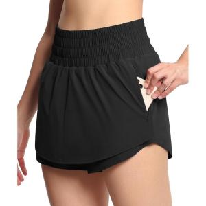 imageTHE GYM PEOPLE Womens Athletic Shorts Elastic Waisted Quick Dry Ruffle Tennis Workout Skorts with Mesh Liner Zip PocketsBlack