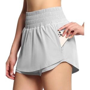 imageTHE GYM PEOPLE Womens Athletic Shorts Elastic Waisted Quick Dry Ruffle Tennis Workout Skorts with Mesh Liner Zip PocketsBright Grey
