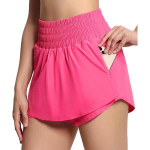 imageTHE GYM PEOPLE Womens Athletic Shorts Elastic Waisted Quick Dry Ruffle Tennis Workout Skorts with Mesh Liner Zip PocketsBright Pink