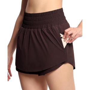 imageTHE GYM PEOPLE Womens Athletic Shorts Elastic Waisted Quick Dry Ruffle Tennis Workout Skorts with Mesh Liner Zip PocketsBrown