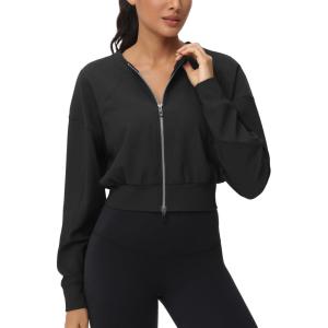 imageTHE GYM PEOPLE Womens Cropped Jackets Full Zip Long Sleeve Ribbed Workout Sweatshirts Lightweight Casual TopsBlack
