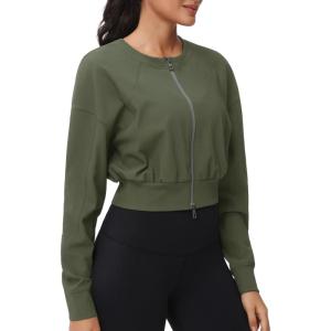 imageTHE GYM PEOPLE Womens Cropped Jackets Full Zip Long Sleeve Ribbed Workout Sweatshirts Lightweight Casual TopsGraphite Green