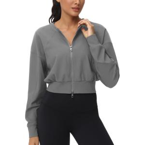 imageTHE GYM PEOPLE Womens Cropped Jackets Full Zip Long Sleeve Ribbed Workout Sweatshirts Lightweight Casual TopsGrey