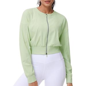 imageTHE GYM PEOPLE Womens Cropped Jackets Full Zip Long Sleeve Ribbed Workout Sweatshirts Lightweight Casual TopsLight Green