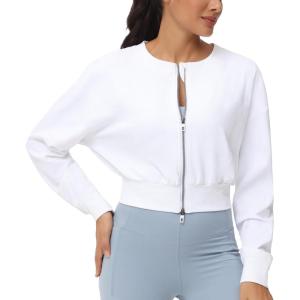 imageTHE GYM PEOPLE Womens Cropped Jackets Full Zip Long Sleeve Ribbed Workout Sweatshirts Lightweight Casual TopsWhite