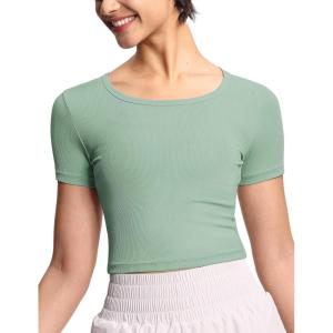 imageTHE GYM PEOPLE Womens Cute Crop TShirts Short Sleeve Ribbed Ice Silk Slim Fit Casual Tee Tops