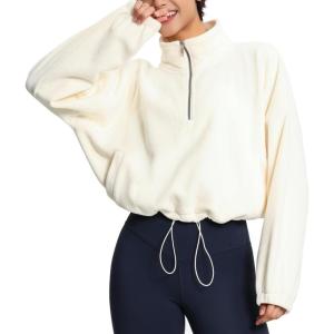 imageTHE GYM PEOPLE Womens Half Zip Crop Pullover Sweatshirt Fleece Stand Collar Workout Tops with Pockets Drawstring HemBeige