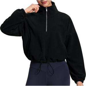 imageTHE GYM PEOPLE Womens Half Zip Crop Pullover Sweatshirt Fleece Stand Collar Workout Tops with Pockets Drawstring HemBlack