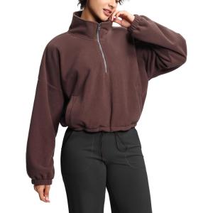 imageTHE GYM PEOPLE Womens Half Zip Crop Pullover Sweatshirt Fleece Stand Collar Workout Tops with Pockets Drawstring HemBrown