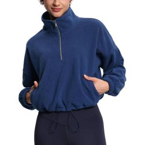 imageTHE GYM PEOPLE Womens Half Zip Crop Pullover Sweatshirt Fleece Stand Collar Workout Tops with Pockets Drawstring HemNavy Blue