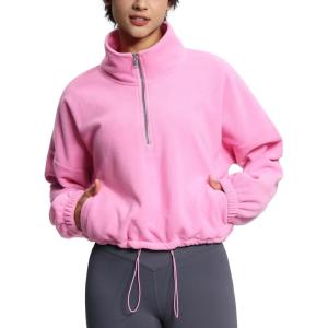 imageTHE GYM PEOPLE Womens Half Zip Crop Pullover Sweatshirt Fleece Stand Collar Workout Tops with Pockets Drawstring HemPink