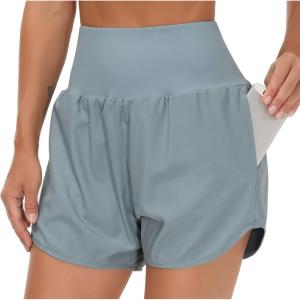 imageTHE GYM PEOPLE Womens High Waist Running Shorts with Liner Athletic Hiking Workout Shorts Zip PocketsDenim Blue