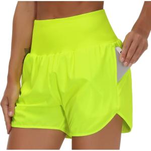 imageTHE GYM PEOPLE Womens High Waist Running Shorts with Liner Athletic Hiking Workout Shorts Zip PocketsFluores Yellow